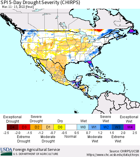 North America SPI 5-Day Drought Severity (CHIRPS) Thematic Map For 3/11/2022 - 3/15/2022