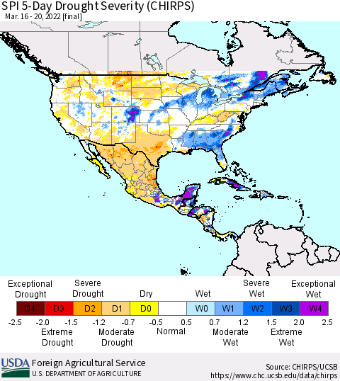 North America SPI 5-Day Drought Severity (CHIRPS) Thematic Map For 3/16/2022 - 3/20/2022