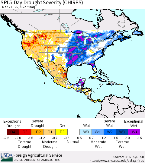 North America SPI 5-Day Drought Severity (CHIRPS) Thematic Map For 3/21/2022 - 3/25/2022