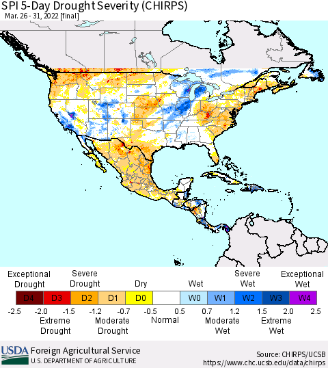 North America SPI 5-Day Drought Severity (CHIRPS) Thematic Map For 3/26/2022 - 3/31/2022