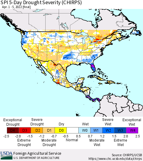 North America SPI 5-Day Drought Severity (CHIRPS) Thematic Map For 4/1/2022 - 4/5/2022