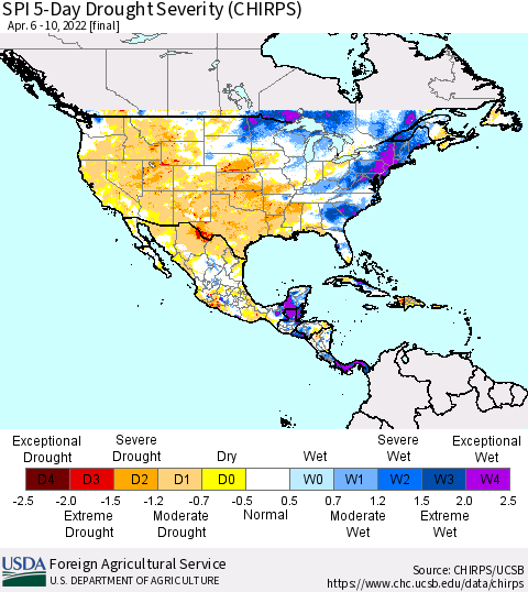 North America SPI 5-Day Drought Severity (CHIRPS) Thematic Map For 4/6/2022 - 4/10/2022