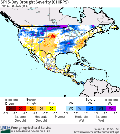 North America SPI 5-Day Drought Severity (CHIRPS) Thematic Map For 4/11/2022 - 4/15/2022