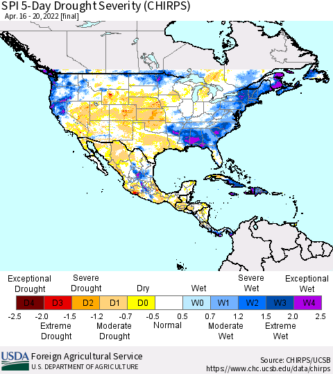 North America SPI 5-Day Drought Severity (CHIRPS) Thematic Map For 4/16/2022 - 4/20/2022