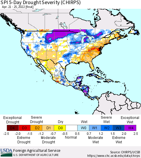 North America SPI 5-Day Drought Severity (CHIRPS) Thematic Map For 4/21/2022 - 4/25/2022