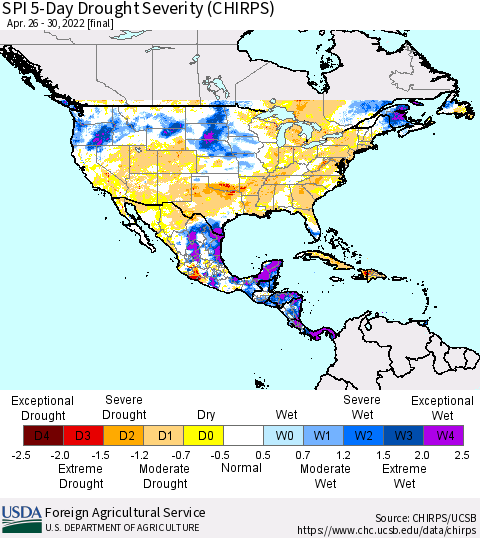 North America SPI 5-Day Drought Severity (CHIRPS) Thematic Map For 4/26/2022 - 4/30/2022