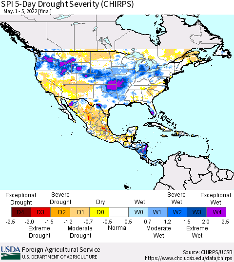North America SPI 5-Day Drought Severity (CHIRPS) Thematic Map For 5/1/2022 - 5/5/2022