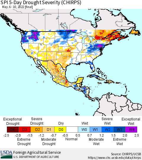 North America SPI 5-Day Drought Severity (CHIRPS) Thematic Map For 5/6/2022 - 5/10/2022