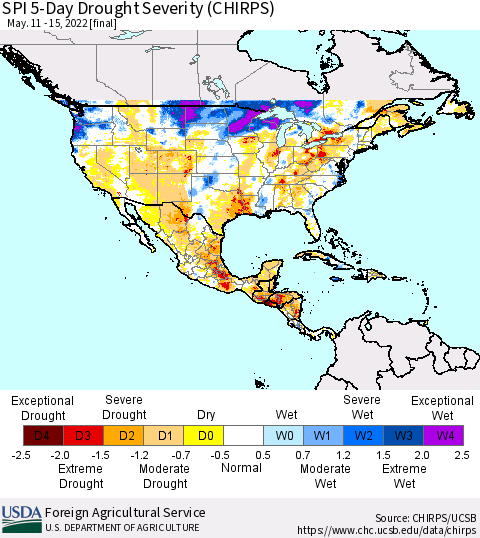 North America SPI 5-Day Drought Severity (CHIRPS) Thematic Map For 5/11/2022 - 5/15/2022