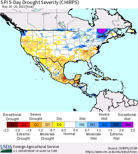 North America SPI 5-Day Drought Severity (CHIRPS) Thematic Map For 5/16/2022 - 5/20/2022