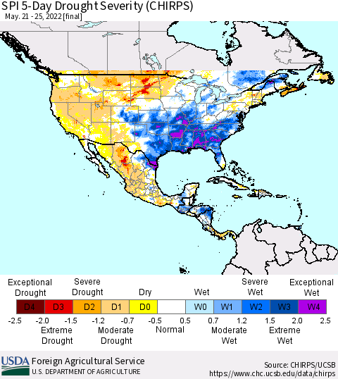 North America SPI 5-Day Drought Severity (CHIRPS) Thematic Map For 5/21/2022 - 5/25/2022