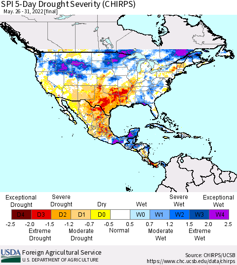 North America SPI 5-Day Drought Severity (CHIRPS) Thematic Map For 5/26/2022 - 5/31/2022