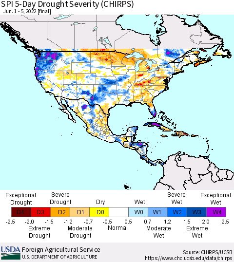 North America SPI 5-Day Drought Severity (CHIRPS) Thematic Map For 6/1/2022 - 6/5/2022