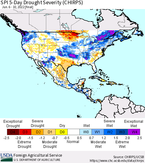 North America SPI 5-Day Drought Severity (CHIRPS) Thematic Map For 6/6/2022 - 6/10/2022
