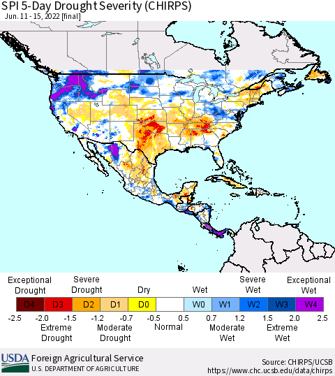 North America SPI 5-Day Drought Severity (CHIRPS) Thematic Map For 6/11/2022 - 6/15/2022