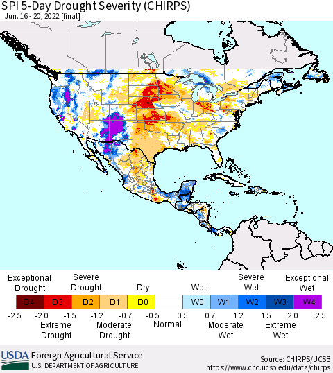 North America SPI 5-Day Drought Severity (CHIRPS) Thematic Map For 6/16/2022 - 6/20/2022