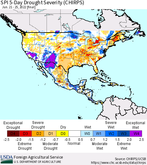 North America SPI 5-Day Drought Severity (CHIRPS) Thematic Map For 6/21/2022 - 6/25/2022