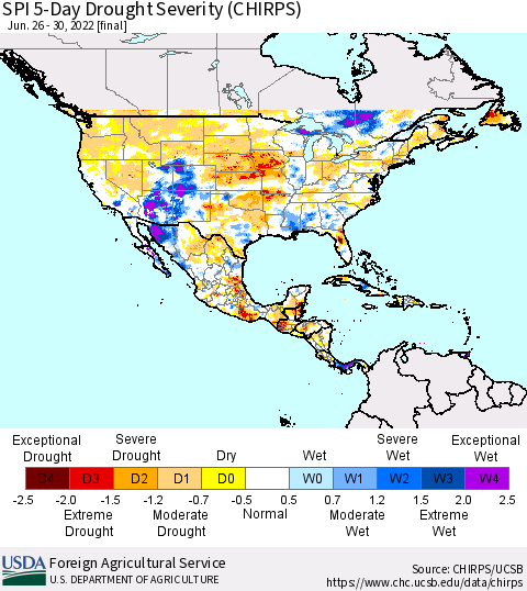 North America SPI 5-Day Drought Severity (CHIRPS) Thematic Map For 6/26/2022 - 6/30/2022