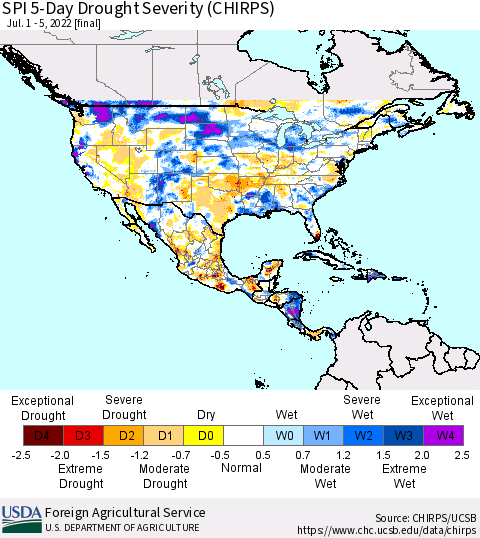 North America SPI 5-Day Drought Severity (CHIRPS) Thematic Map For 7/1/2022 - 7/5/2022