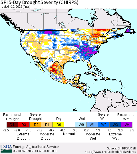 North America SPI 5-Day Drought Severity (CHIRPS) Thematic Map For 7/6/2022 - 7/10/2022