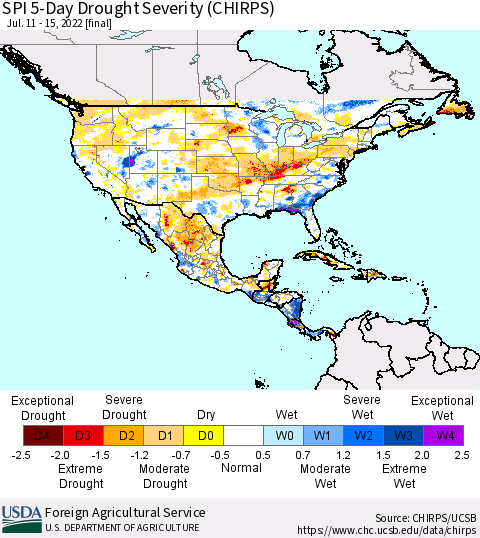 North America SPI 5-Day Drought Severity (CHIRPS) Thematic Map For 7/11/2022 - 7/15/2022