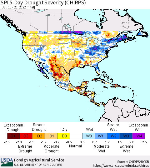North America SPI 5-Day Drought Severity (CHIRPS) Thematic Map For 7/16/2022 - 7/20/2022