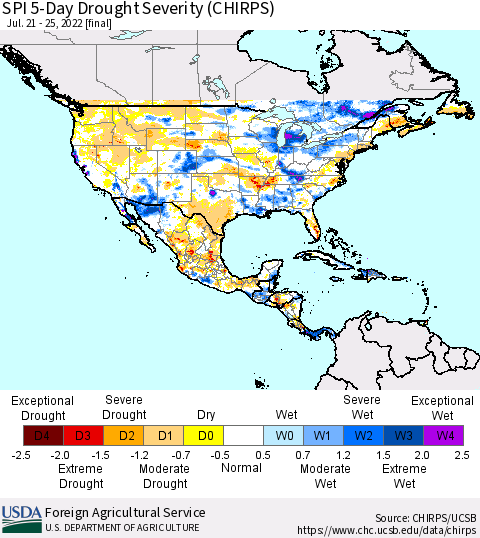 North America SPI 5-Day Drought Severity (CHIRPS) Thematic Map For 7/21/2022 - 7/25/2022