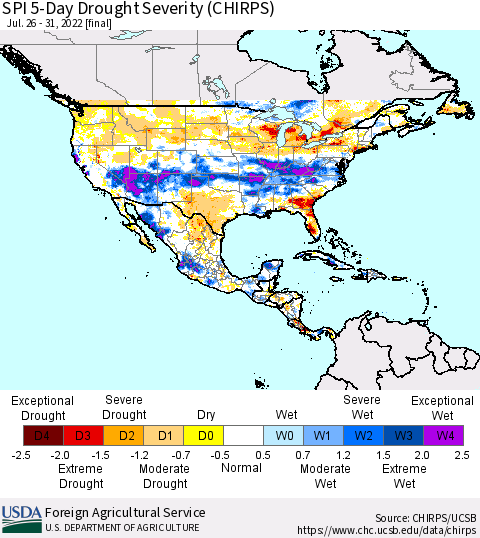 North America SPI 5-Day Drought Severity (CHIRPS) Thematic Map For 7/26/2022 - 7/31/2022