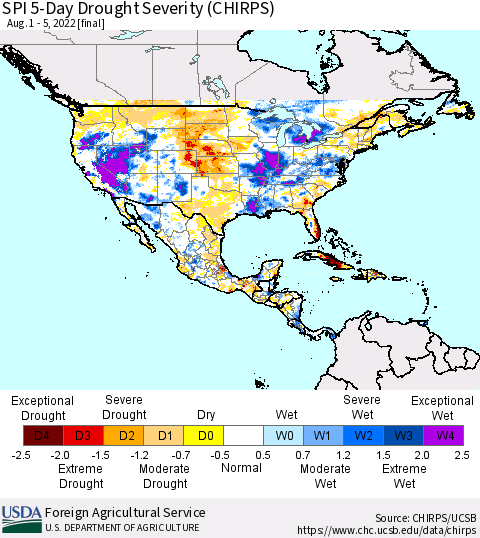 North America SPI 5-Day Drought Severity (CHIRPS) Thematic Map For 8/1/2022 - 8/5/2022