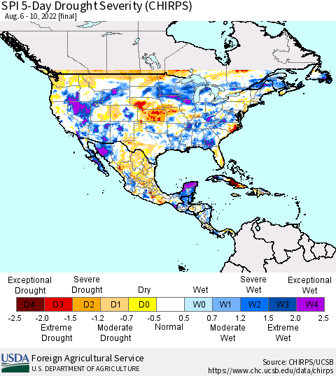 North America SPI 5-Day Drought Severity (CHIRPS) Thematic Map For 8/6/2022 - 8/10/2022