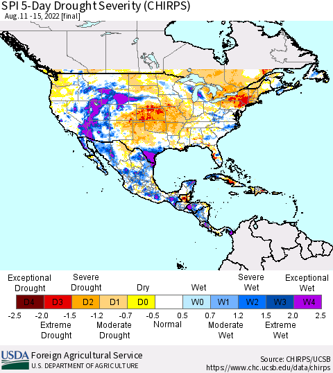 North America SPI 5-Day Drought Severity (CHIRPS) Thematic Map For 8/11/2022 - 8/15/2022