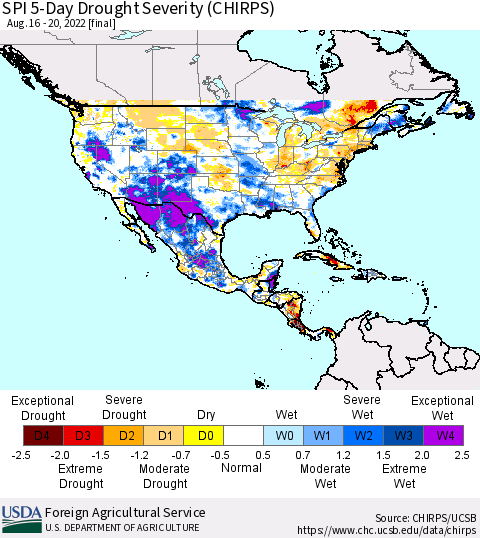 North America SPI 5-Day Drought Severity (CHIRPS) Thematic Map For 8/16/2022 - 8/20/2022