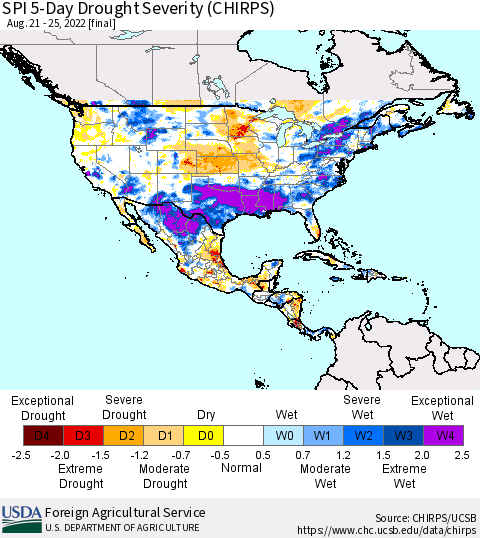 North America SPI 5-Day Drought Severity (CHIRPS) Thematic Map For 8/21/2022 - 8/25/2022