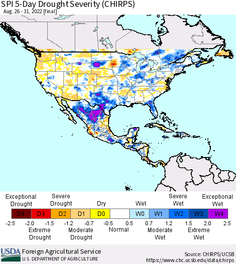 North America SPI 5-Day Drought Severity (CHIRPS) Thematic Map For 8/26/2022 - 8/31/2022