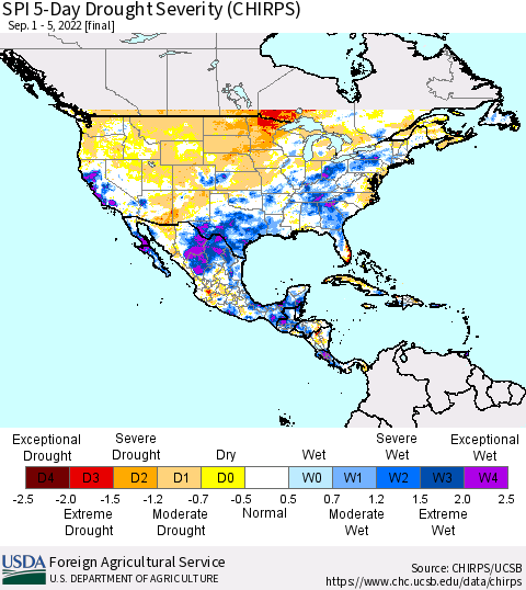 North America SPI 5-Day Drought Severity (CHIRPS) Thematic Map For 9/1/2022 - 9/5/2022