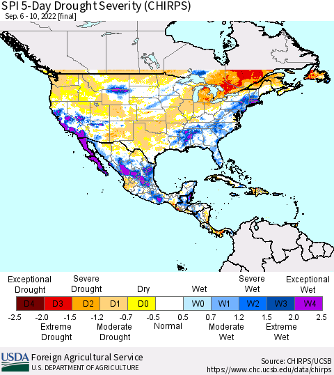 North America SPI 5-Day Drought Severity (CHIRPS) Thematic Map For 9/6/2022 - 9/10/2022