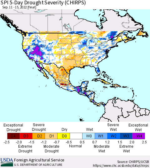 North America SPI 5-Day Drought Severity (CHIRPS) Thematic Map For 9/11/2022 - 9/15/2022