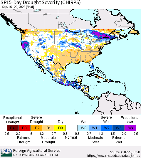 North America SPI 5-Day Drought Severity (CHIRPS) Thematic Map For 9/16/2022 - 9/20/2022
