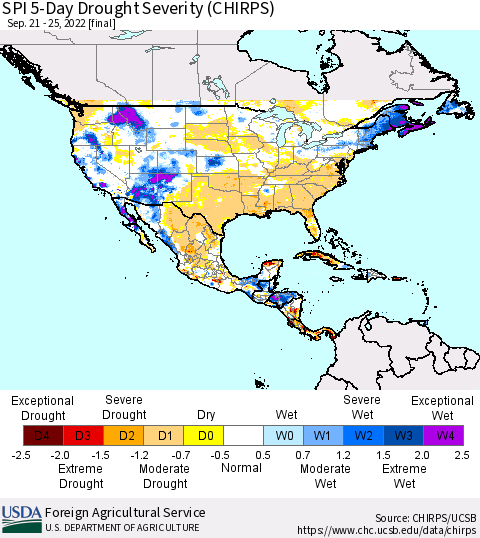 North America SPI 5-Day Drought Severity (CHIRPS) Thematic Map For 9/21/2022 - 9/25/2022