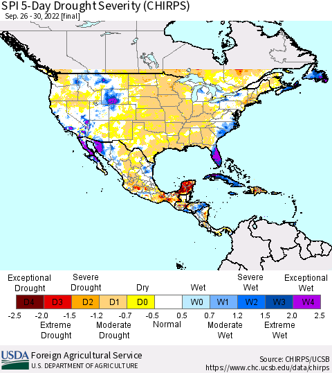 North America SPI 5-Day Drought Severity (CHIRPS) Thematic Map For 9/26/2022 - 9/30/2022