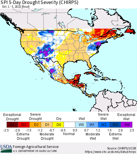 North America SPI 5-Day Drought Severity (CHIRPS) Thematic Map For 10/1/2022 - 10/5/2022