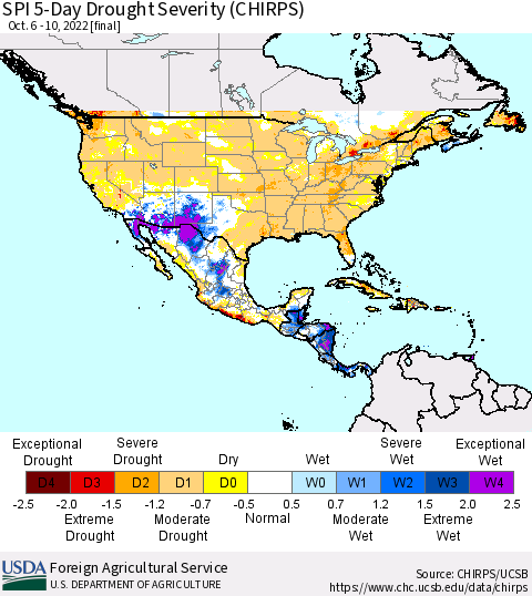 North America SPI 5-Day Drought Severity (CHIRPS) Thematic Map For 10/6/2022 - 10/10/2022