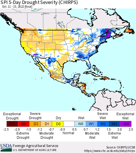 North America SPI 5-Day Drought Severity (CHIRPS) Thematic Map For 10/11/2022 - 10/15/2022