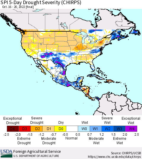 North America SPI 5-Day Drought Severity (CHIRPS) Thematic Map For 10/16/2022 - 10/20/2022