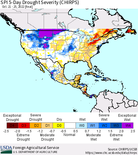 North America SPI 5-Day Drought Severity (CHIRPS) Thematic Map For 10/21/2022 - 10/25/2022