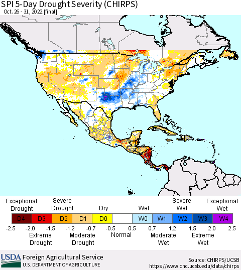 North America SPI 5-Day Drought Severity (CHIRPS) Thematic Map For 10/26/2022 - 10/31/2022