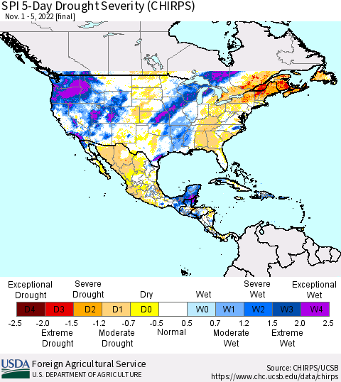 North America SPI 5-Day Drought Severity (CHIRPS) Thematic Map For 11/1/2022 - 11/5/2022