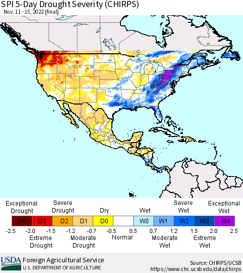 North America SPI 5-Day Drought Severity (CHIRPS) Thematic Map For 11/11/2022 - 11/15/2022