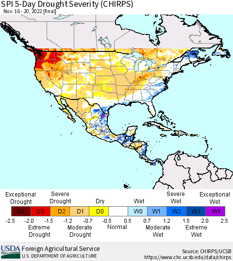North America SPI 5-Day Drought Severity (CHIRPS) Thematic Map For 11/16/2022 - 11/20/2022