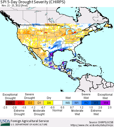 North America SPI 5-Day Drought Severity (CHIRPS) Thematic Map For 11/21/2022 - 11/25/2022